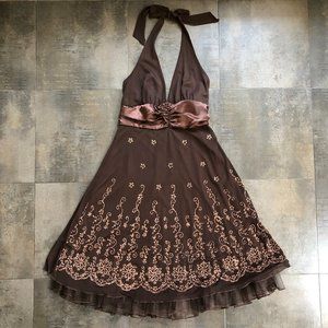 Embroidered halter neck cocktail dress